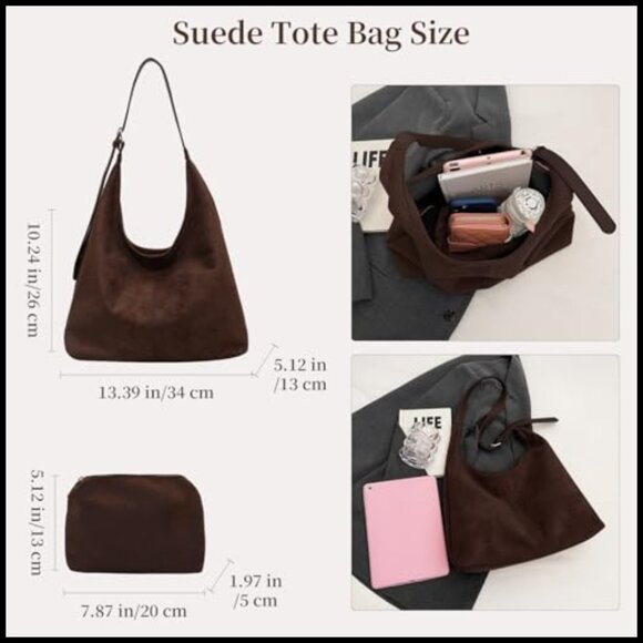 Suede Hobo Tote Bag Retro Slouchy Shoulder Crossbody Purse Large Capacity - Picture 4 of 7
